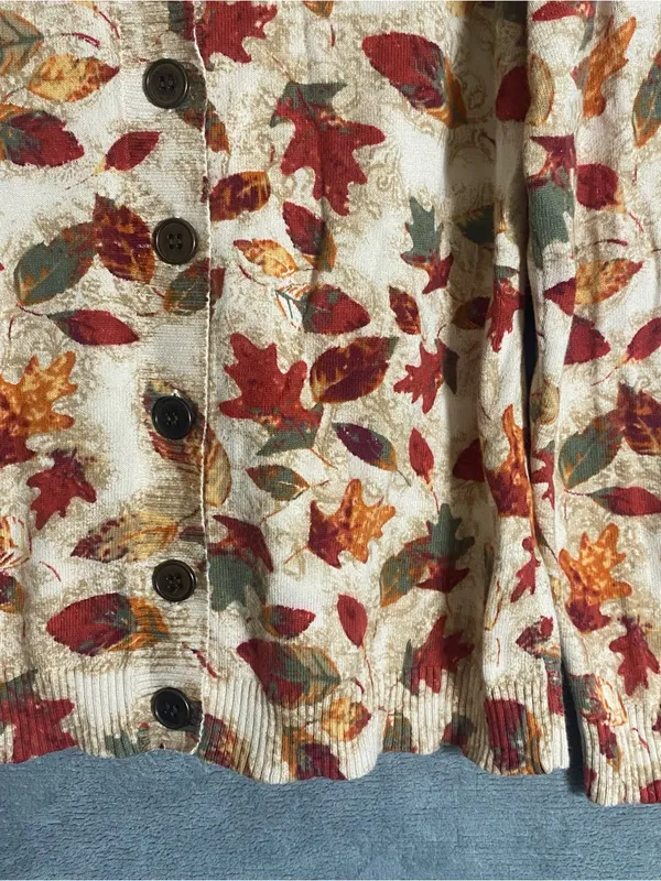 Christopher & Banks Cream Cardigan with Fall Leaf Print Cozy Casual Halloween S - Image 2