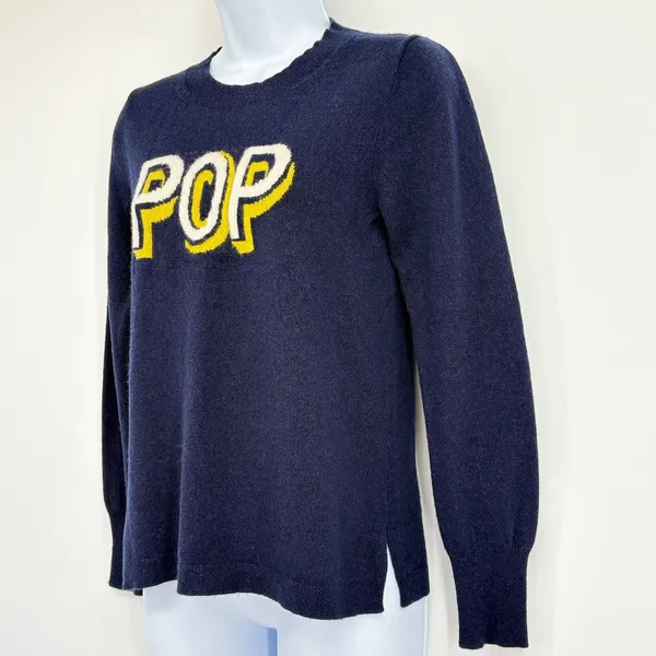 J.Crew‎ Cashmere Sweater Women SM Navy Blue Pop Art Graphic Intarsia Knit Top - Image 3