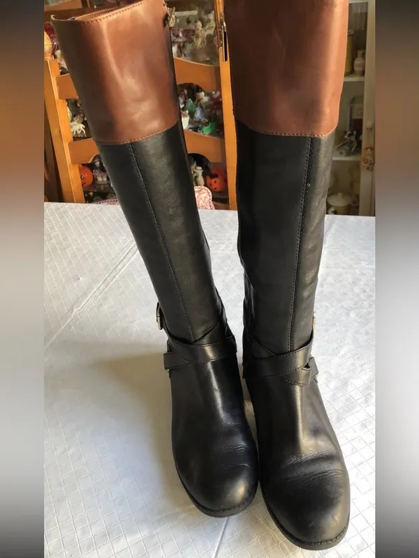 Bandolino Two-Tone Leather Riding Boots Black Brown Gold Buckle Size 6 - Image 3