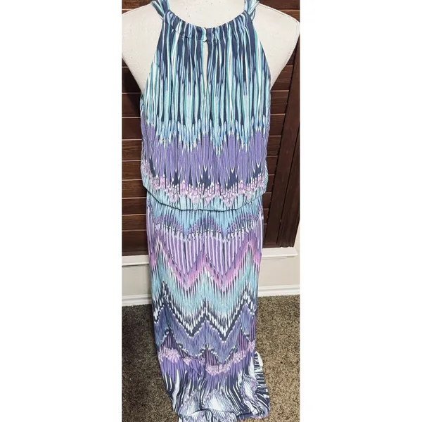 Chico's Purple Teal Ikat Chevron Maxi Dress Halter Blouson Size 1 M/L - Image 4