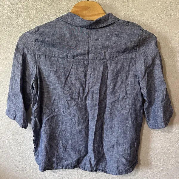 Tahari Linen Tunic Top Button Accent 3/4 Sleeve Blouse Blue V-Neck‎ Womens 1X - Image 4