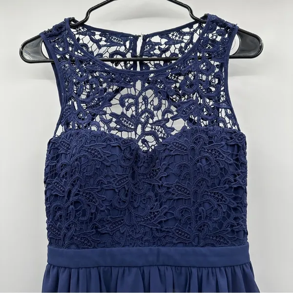 Lulus Romantic Tale Navy Blue Crochet Lace Open‎ Back Mini Skater Dress Size M - Image 4