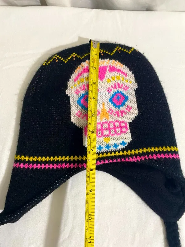 Sugar Skull Knit Beanie Hat Ear Flap Tassel Winter Cap Black OSFM Adult Fleece - Image 2