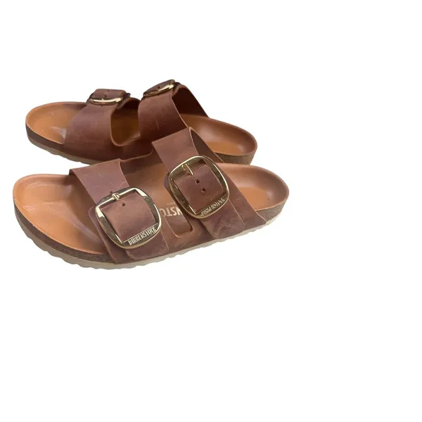 Birkenstock Arizona Big Buckle Sandals EU 38 US 7-7.5 Brown Leather Gold slide - Image 4