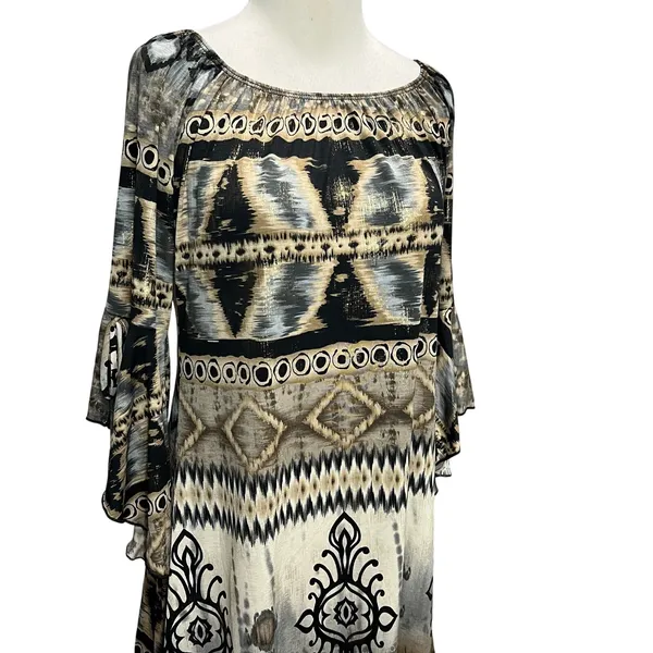 Parker Mini‎ Dress XS Black Gray Tan Gold Abstract Stretch Bell Sleeve Boho Chic - Image 4