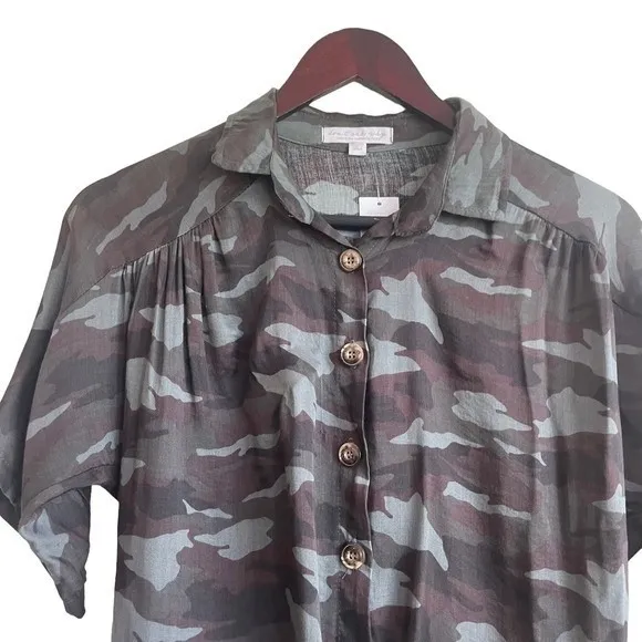 American Eagle Womens Camo Cropped Tie‎ Front Shirt S Green Brown Y2K Streetwear - Image 4