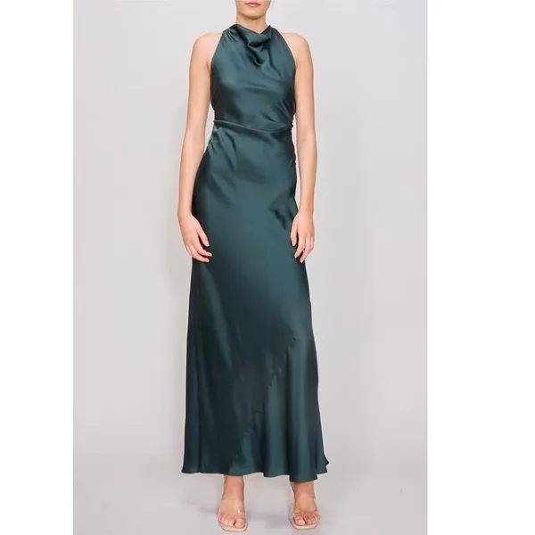 MELLODAY Ruched Cowl Neck Bias Cut Satin Maxi Dress, Large, Hunter Green,‎ NWT - Image 3