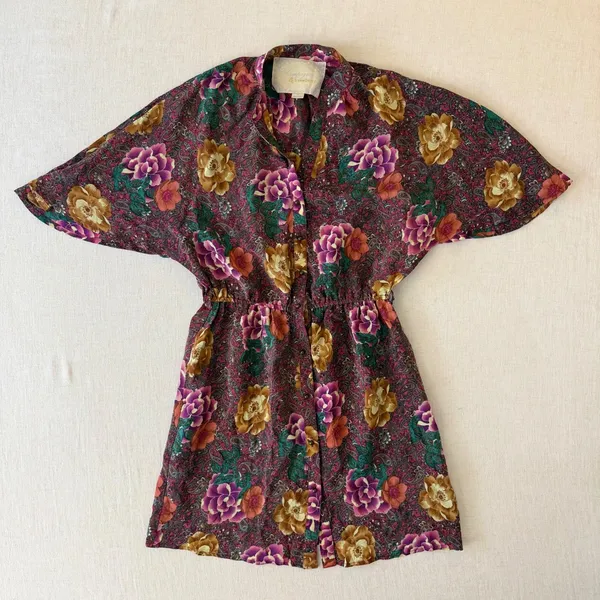 Champagne & Strawberry Silk Floral Paisley Mini Dress Womens Small Burgundy Boho - Image 3