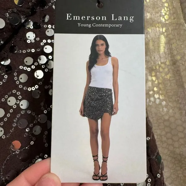 Emerson Lang Brown Silver Sequin Shiny Mini Wrap Front Skort Small NWT - Image 6