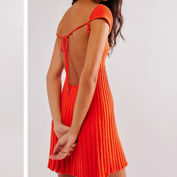 New Free People Cherie Tie Back Knit Mini Dress Size Medium Orange Red - Image 16