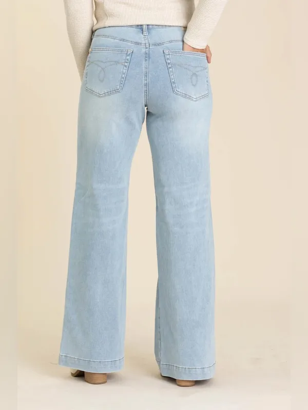 Judy Blue High Waist Retro Wide Leg Criss Cross Mild Destroy Jeans Blue 7/28 - Image 3