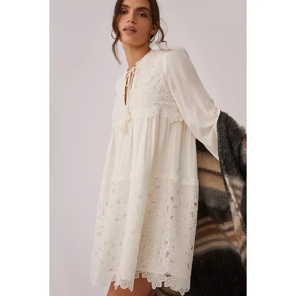 Anthropologie Ivory Lace Mini Dress‎ Large Boho Bridal Cottagecore Honeymoon - Image 9