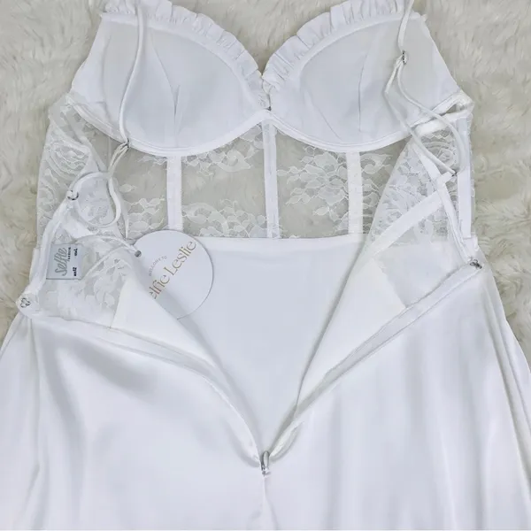 SELFIE LESLIE Trophy White Lace Bustier Midi Dress Corset Sheer Thigh Slit Large - Image 10