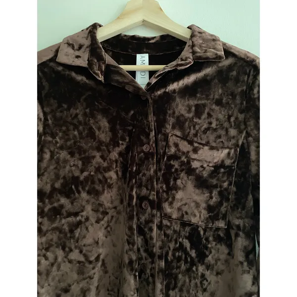 ANTHROPOLOGIE Amadi Brown Crushed Velvet Shirt Size Small - Image 5