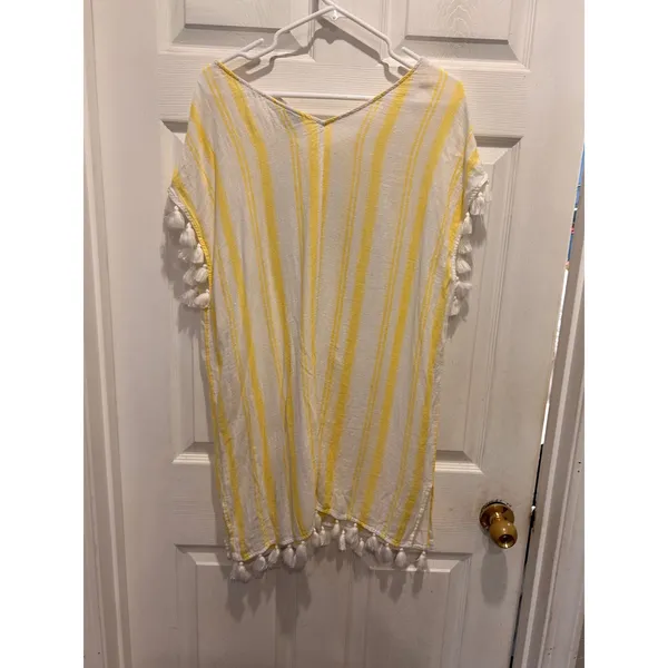 C&C California Women Yellow White Striped Tassel Trim Swim Cover Up Tunic Large - Image 5