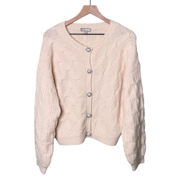 J. Crew Wool Alpaca Cable Knit Cardigan Sweater Jewel Buttons Cream Beige Medium - Image 3