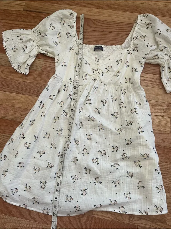 100% Cotton White Floral Gauze Babydoll Mini Dress Small Puff Sleeve Cottagecore - Image 5