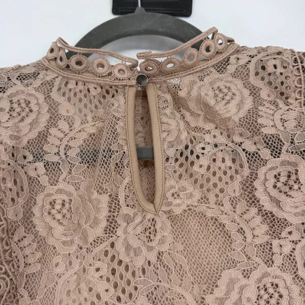 Women's Taupe Floral Lace Ruffle Mock Neck‎ Long Sleeve Blouse Top - Image 4