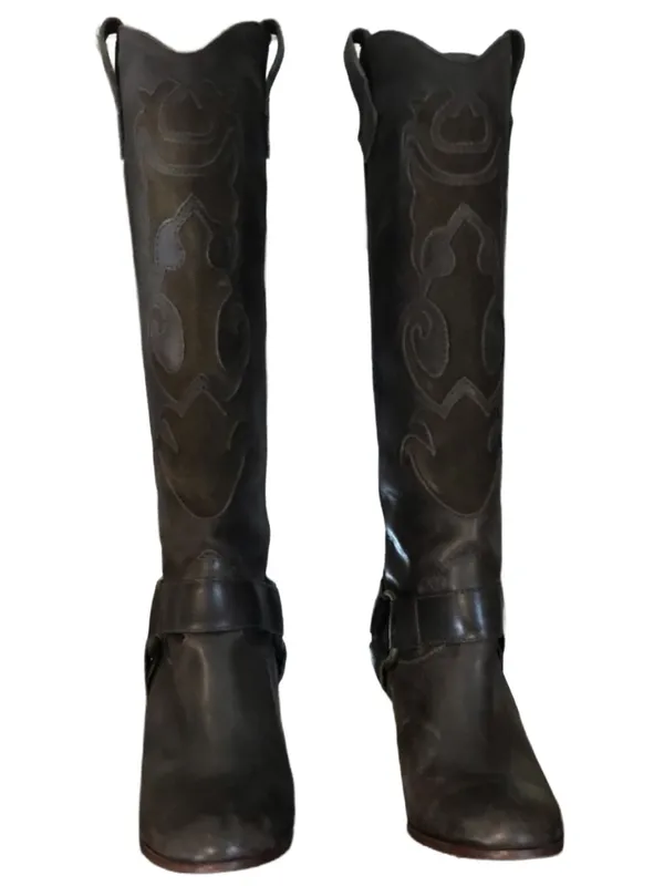 L.L. Bean Dark Brown Suede & Leather Western Style Heeled Calf High Boots (6.5) - Image 6