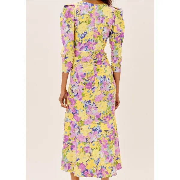 For Love and Lemons Cassia Dress Size 1X NWT Yellow Floral Ruched Midi Cocktail - Image 2