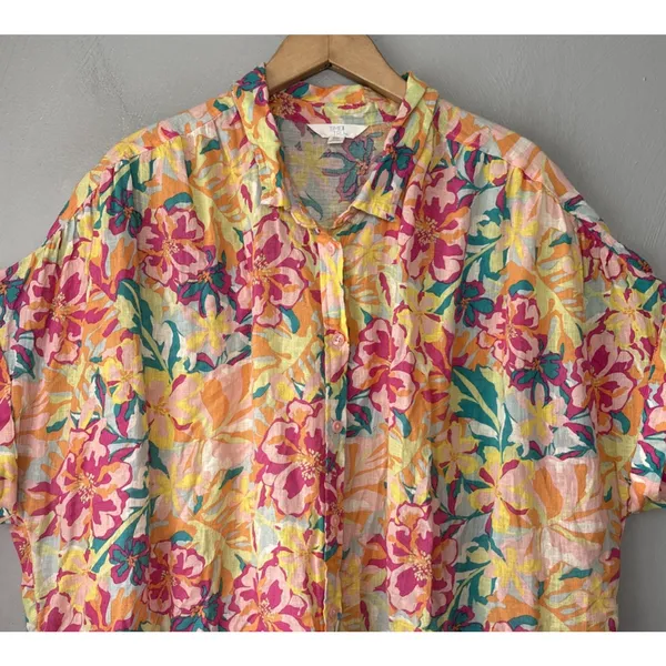 Bright Floral Linen Top Size XXL Button Up Shirt Tropical Summer Dopamine Resort - Image 2