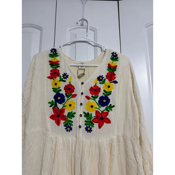 Riviera Sun Peasant‎ Dress Embroidered Floral Cream Gauze NWT Boho Medium - Image 8
