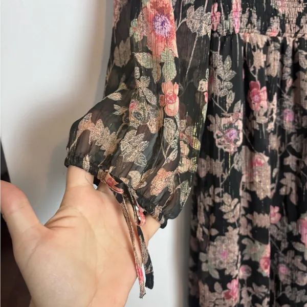 LC Lauren Conrad Black Pink Floral Cottage Romantic Smocked Bodice Midi Dress - Image 7
