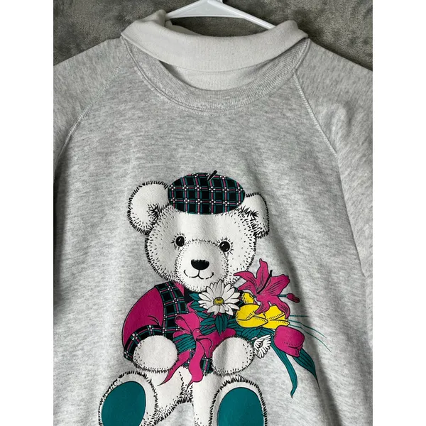 Vintage 90's Heather Teddy Bear Floral Graphic Double Collar Pullover Sweatshirt - Image 2