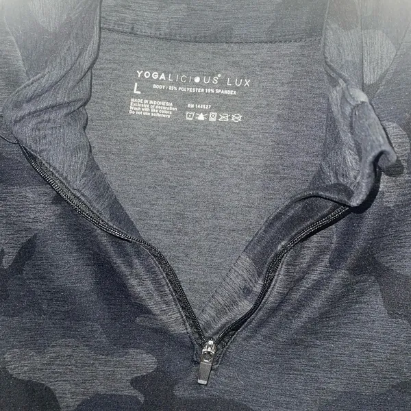 Women's Yogalicious black camo print long sleeve 1/4 zip pullover top. - Image 3