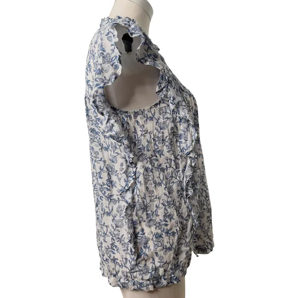 Beachlunchlounge‎ White Blue Floral Ruffle Neck Cotton Sleeveless Blouse Small - Image 8