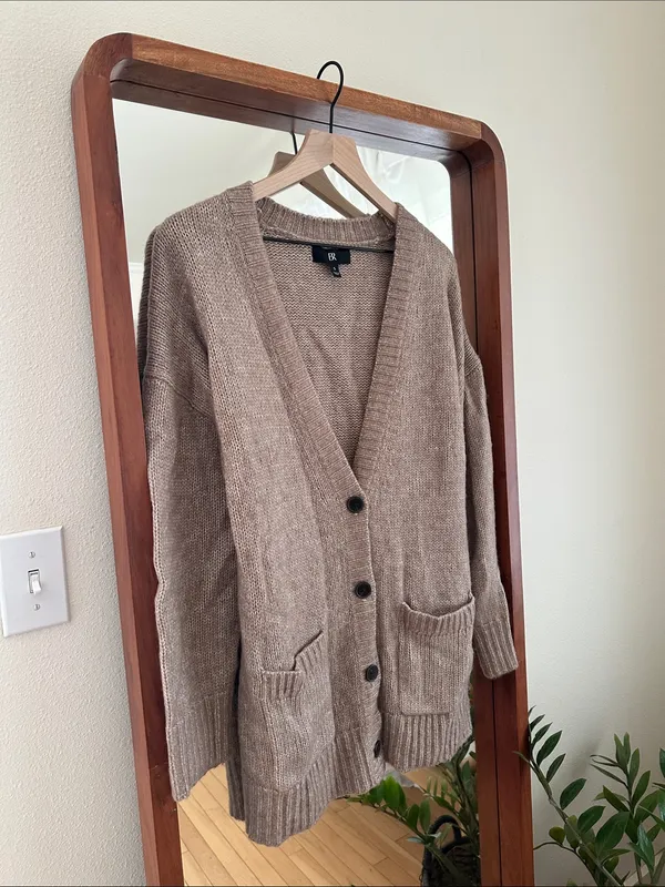 Banana Republic Wool Cotton Cardigan Chunky Knit Button Front Taupe Brown S - Image 2