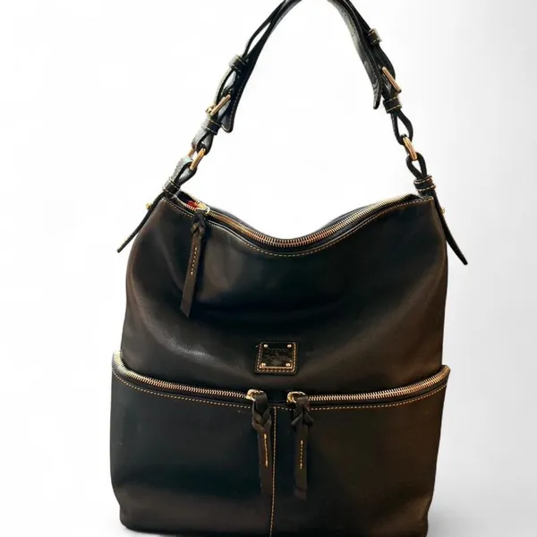 Dooney & Bourke Large Black Leather Shoulder Bag Gold Tone Hardware Hobo Tote - Image 8