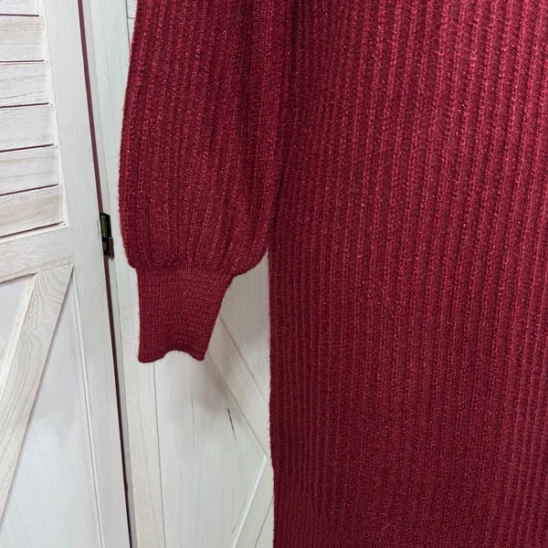 Nine West Metallic‎ Shimmer Knit Balloon Sleeve Sweater Dress Burgundy Red Small - Image 6