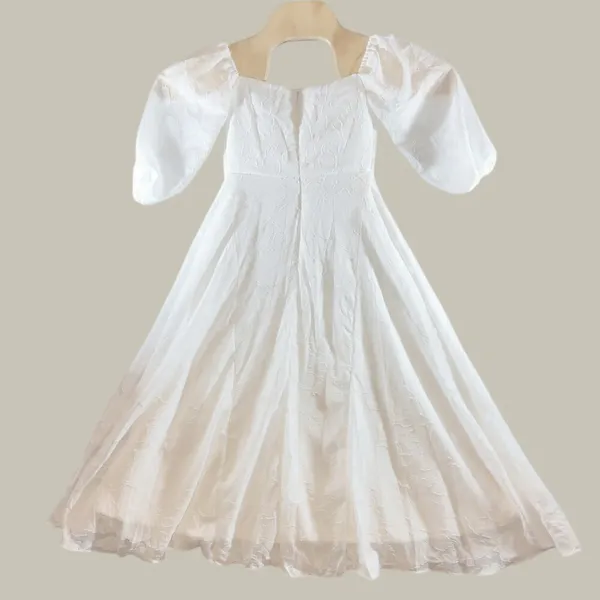 1144 | White Floral Textured Puff Sleeve Romantic‎ Midi Dress Women Size 8 - Image 2