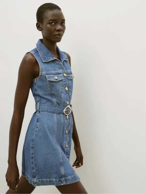 Zara Sleeveless Denim Button-Front Mini Dress in Blue with Belt - Image 3