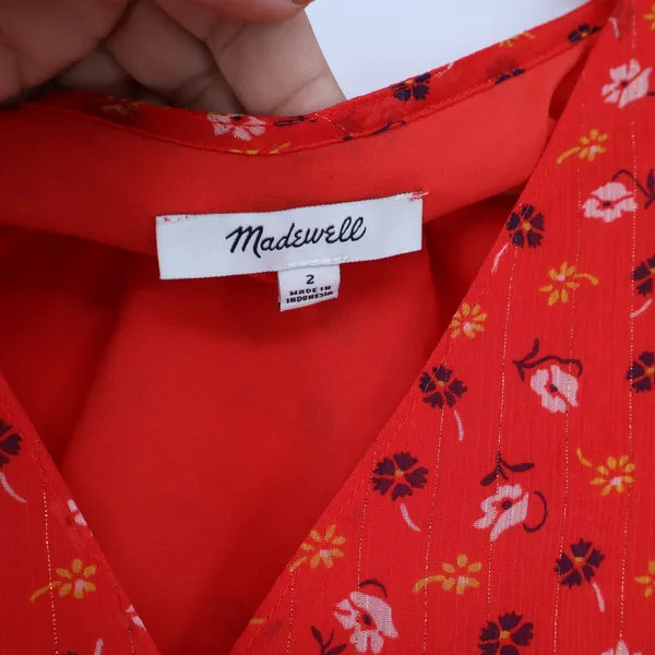 Madewell Top Womens 2 Peplum Wrap Red Floral Ruffle Sleeve Metallic Excellent - Image 2
