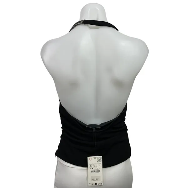 NEW Zara Black Halter Cowl Neck Silver Glitter Strap Open Back Blouse Top Size S - Image 3