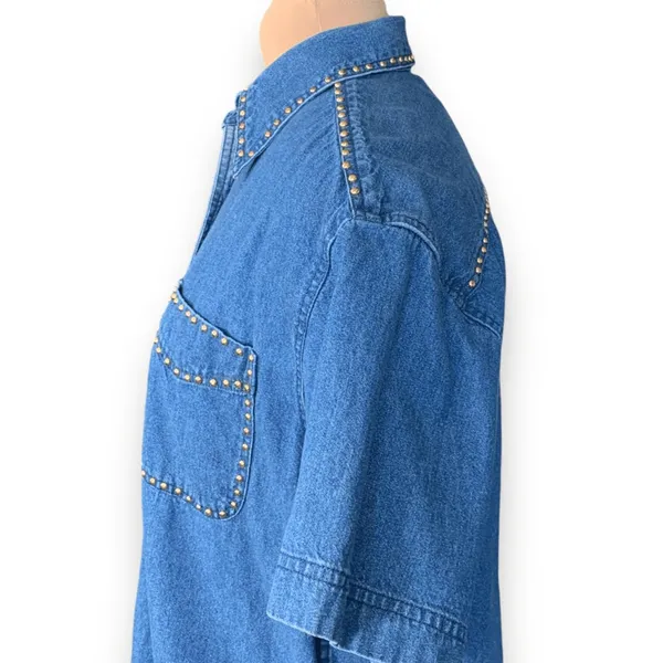 Vintage Studded Denim Western Shirt Medium Blue 90s Boho Festival‎ Cowgirl Top - Image 4