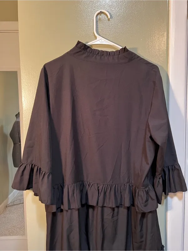 Women’s Size Large Mini Dress Black Ruffle V-Neck A-Line 3/4 Sleeve Collared LBD - Image 8