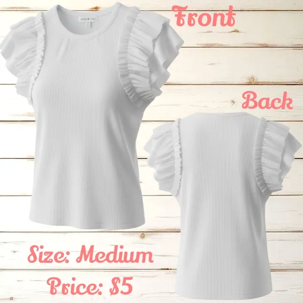 White Ruffle Sleeved Form Fitted Top Size M - Image 2