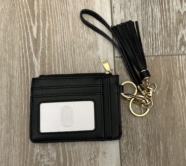 Black Leather Faux (?) ID Cards Wallet Key Fob Tassel Accent Wristlet Strap - Image 6