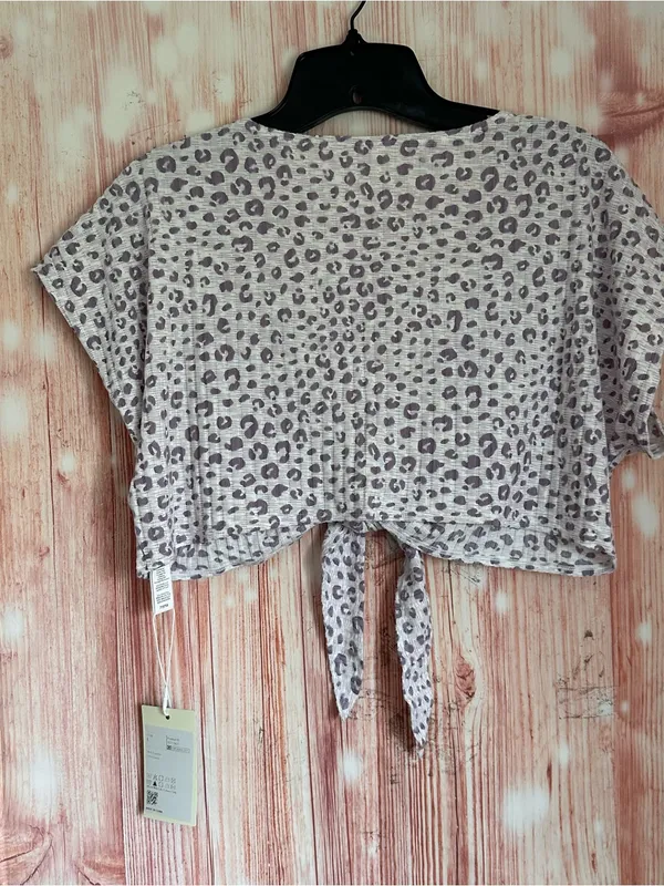 Halara White Tie-Front Short Sleeve Purple Leopard Print Cropped Lounge Top L - Image 7