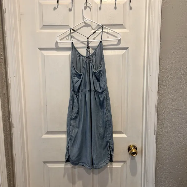Maurices Light Wash Chambray‎ Halter Dress Beaded T-Back Empire Waist Blue Large - Image 7
