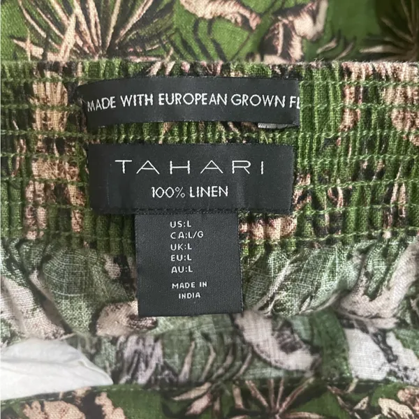 Tahari 100% Linen Floral Green Pull on Pants Size Large - Image 3