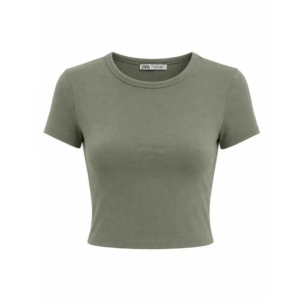 Zara Olive Green Faded Wash Cropped Baby Tee Women’s Large - Image 2