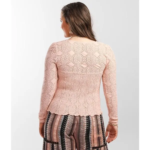 Gimmicks by BKE Light Peach Eyelet Smocked Stretch Henley Large‎ - Image 9