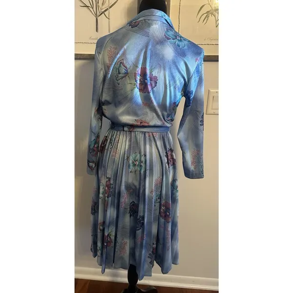 VTG 70’s Sears Floral Dress Pleated Skirt Elastic Tie Waist Long Sleeve Medium?? - Image 2