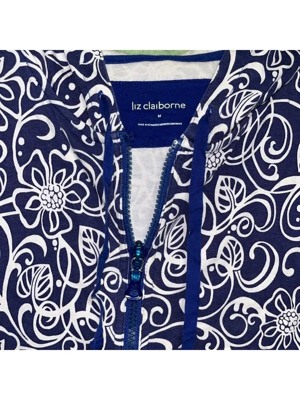 Vintage Liz Claiborne Navy White Floral Boho Hoodie jacket lightweight cruise - Image 3