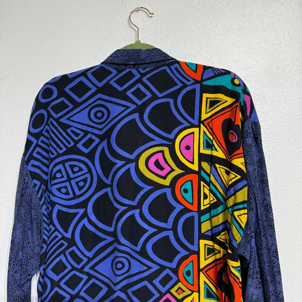 Platinum Blue Abstract Geometric Oversized Colorblock Button Down Blouse Sz M - Image 7