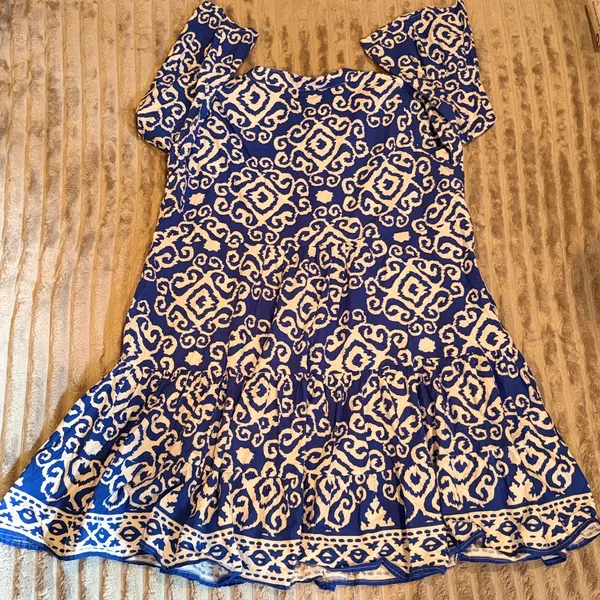 Calessa Blue‎ White Ikat Damask Tiered Cotton Mini Dress L Lined Flare Sleeve - Image 3